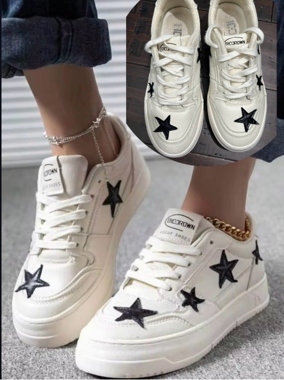 BICROWN Vogue Shoes White Black Star Sneakers